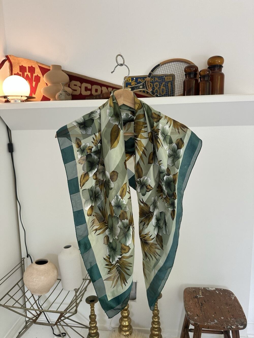 Vintage Floral Green Silk Scarf 38.5 x 38.5